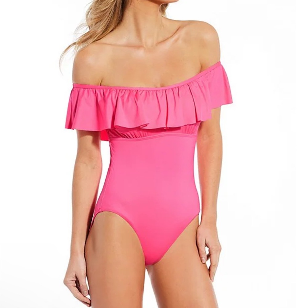 New with tags Gibson & Latimer Solid Ruffled Off-the-Shoulder One Piece Swimsuit